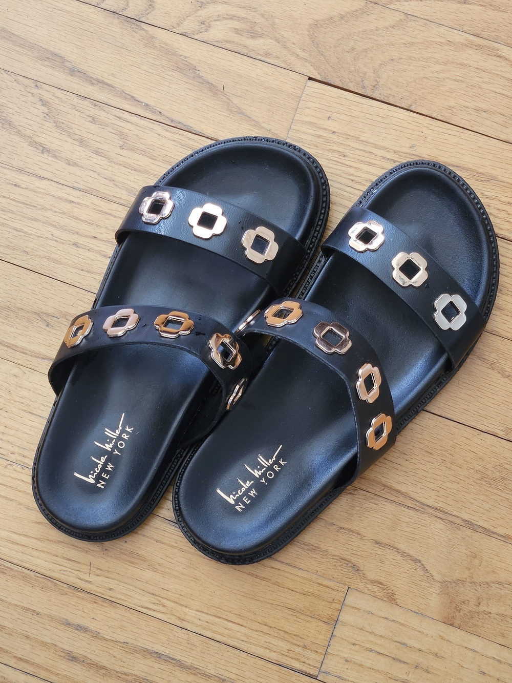Nicole Miller Black Slide Sandals with Gold Accents - Picture 9 of 13
